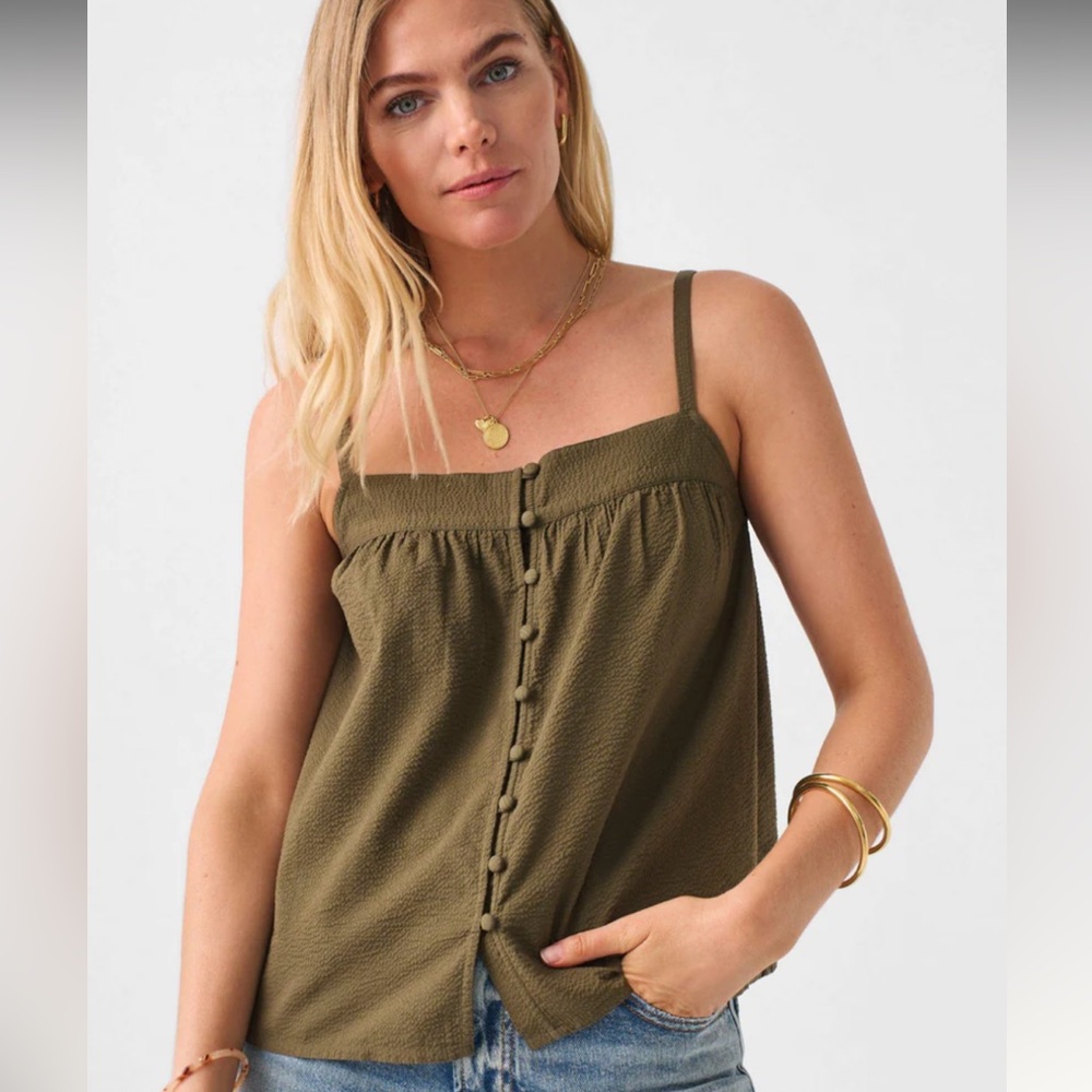 Faherty Marina Seersucker Tank Top, Size Medium, Military Olive green